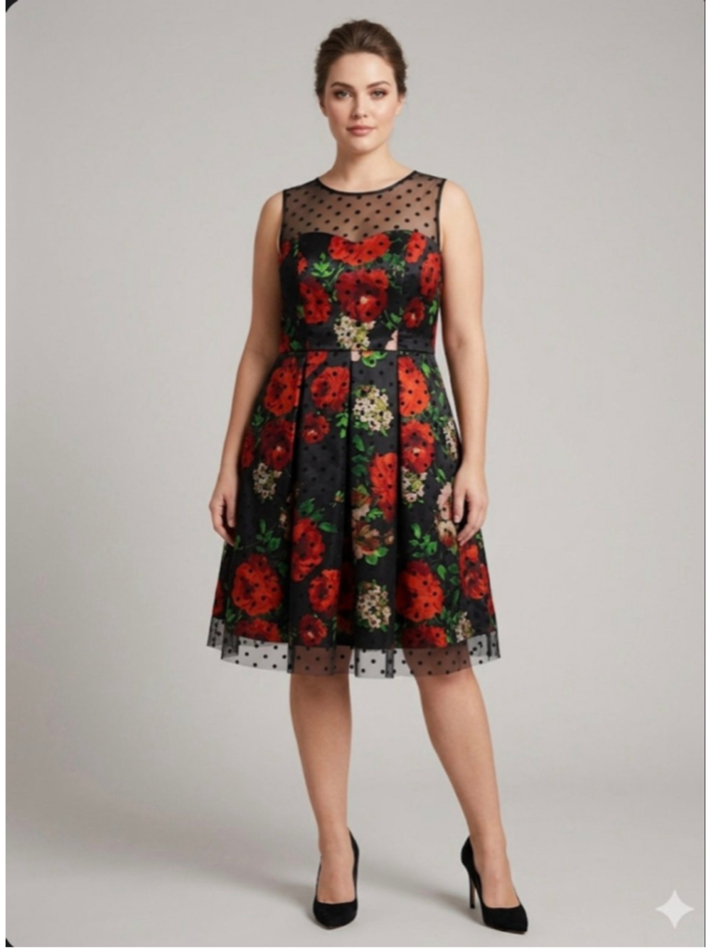 Studio One New York Black Red Floral Polka Dot Dress Size 12